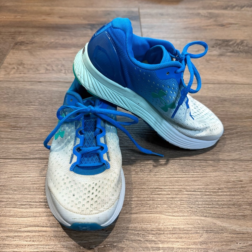 Under Armour White and Blue Mesh Running Sneakers, Kids 4